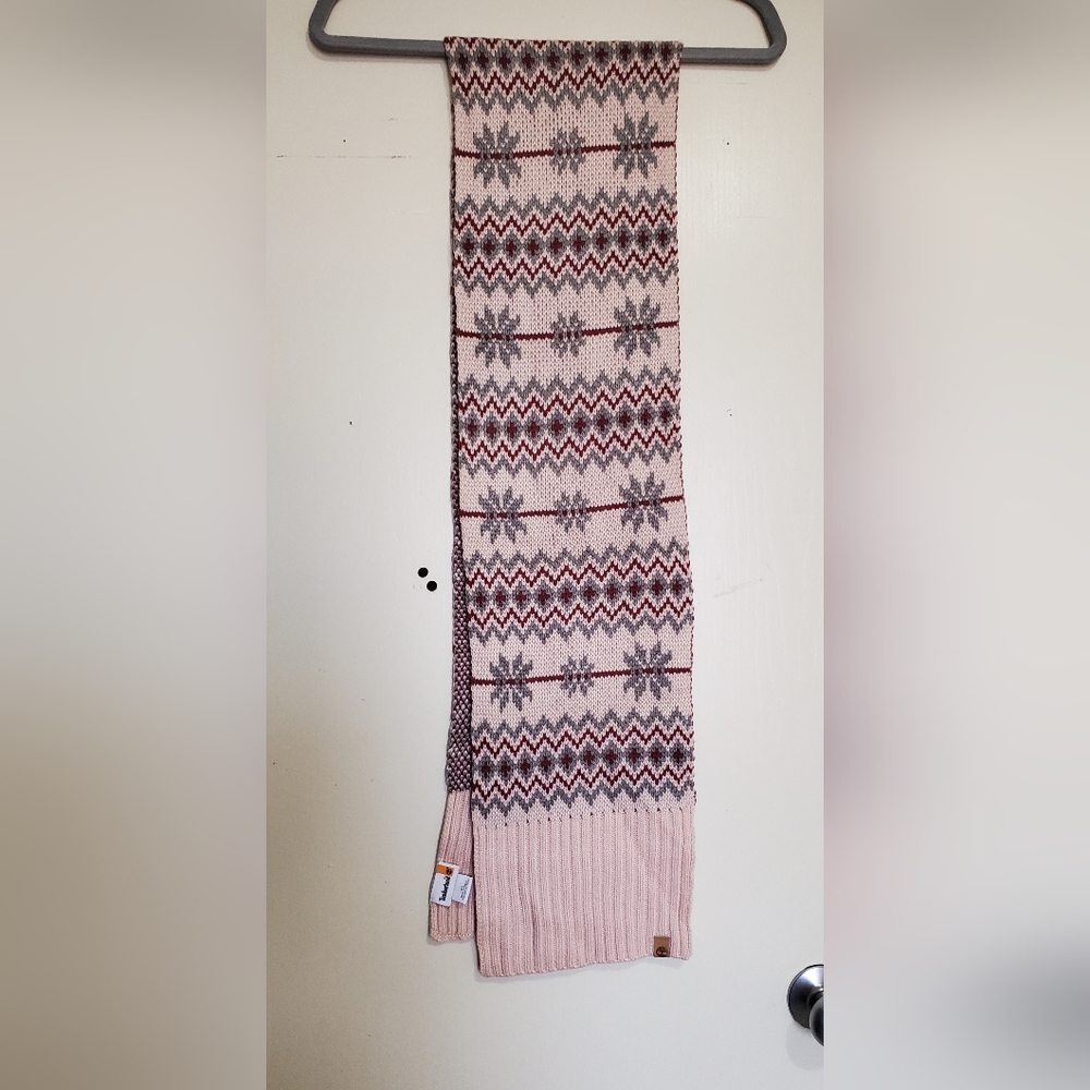 Timberland Fairisle Stripe Pink Gray Maroon Snowflake Knit Scarf One Size